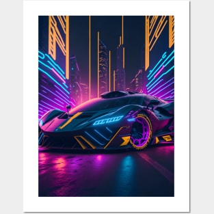 Dark Neon Sports Car in Japanese Neon City Posters and Art